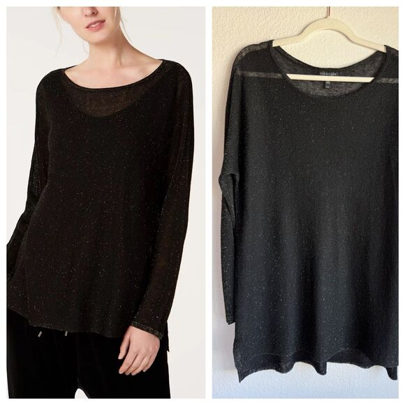 Eileen Fisher Women's Organic Linen Blend Crepe Sparkle Pullover in Black & Gold - Picture 1 of 10